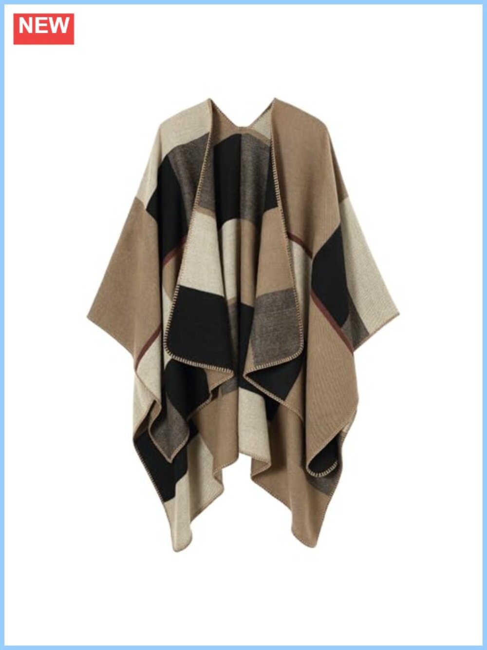Women's Oversized Plaid Shawl Wrap Poncho Open Front Acrylic Polyester